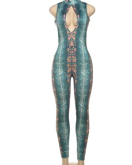 Teal and brown patterned jumpsuit on a mannequin against a white background