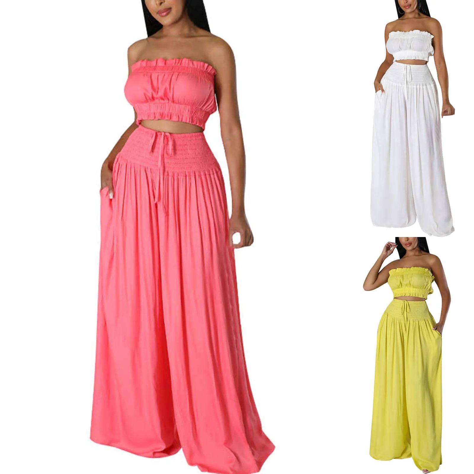 Women’s stylish solid color strapless two-piece outfits in pink, white, and yellow with wide-leg pants.