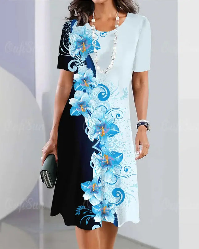 Summer women's dresses 3d floral print featuring short sleeves and elegant design with blue flower accents.
