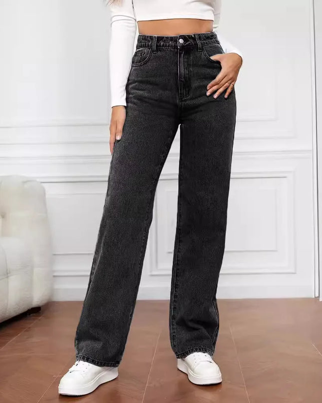 Women’s Y2K high-waist baggy jeans in black, featuring a loose straight-leg design and a flattering silhouette.