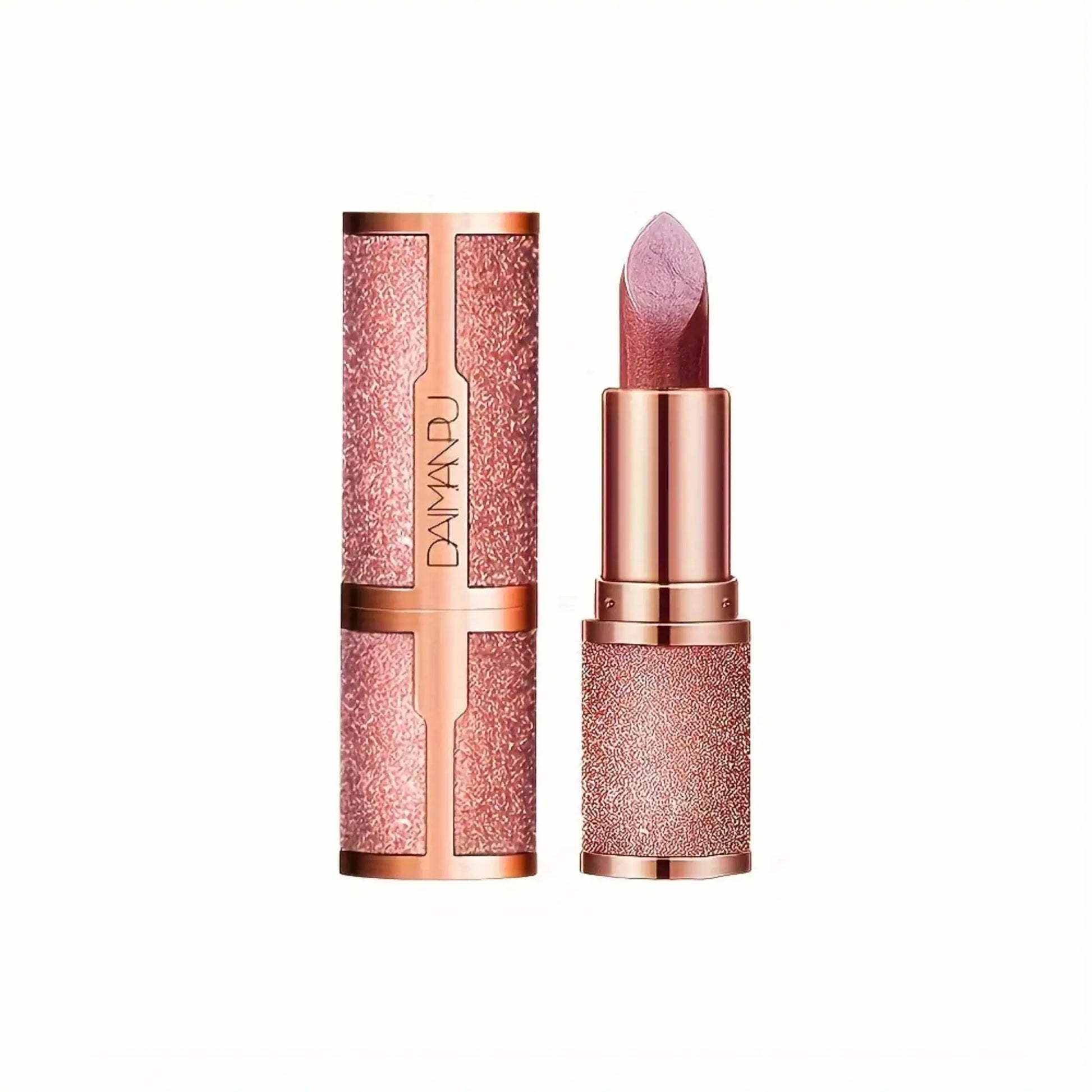 Rose gold lipstick with glittery finish and matching case on a white background