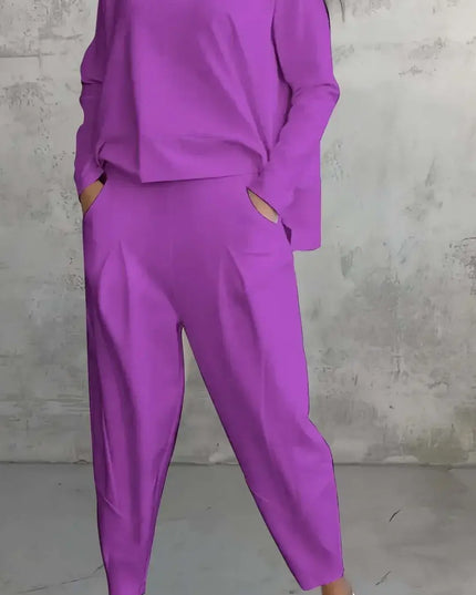 Women's Two-piece Solid Color Round Neck Long Sleeved Top and Casual Pants Set for Autumn 2024
