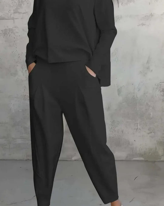 Women's Two-piece Solid Color Round Neck Long Sleeved Top and Casual Pants Set for Autumn 2024