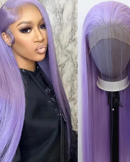 Purple wig displayed on a mannequin head with a white background