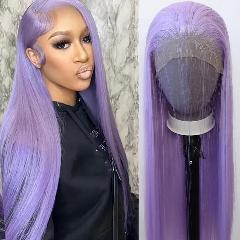 Purple wig displayed on a mannequin head with a white background