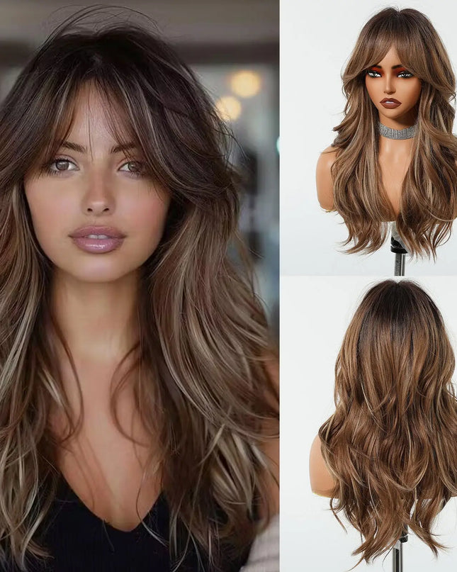 Brown Wavy Wigs for Women with Bangs Long Natural Synthetic Hair Wig Daily Cosplay Heat Resistant