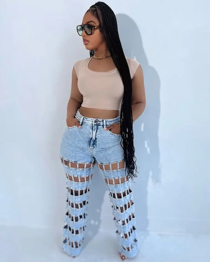 High Waist Hollow Out Denim Pants - Chic & Trendy Style