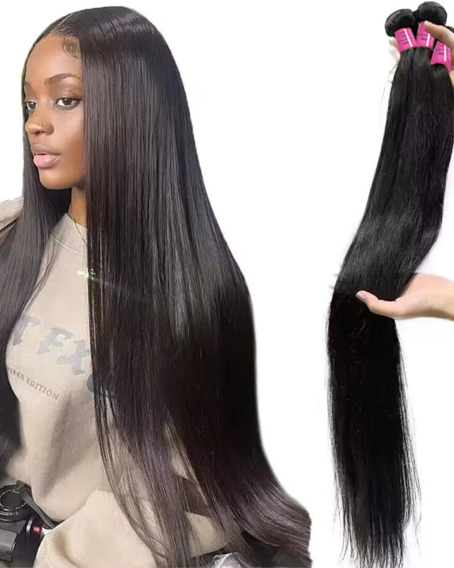 Woman with long straight hair and a bundle of hair extensions on a white background