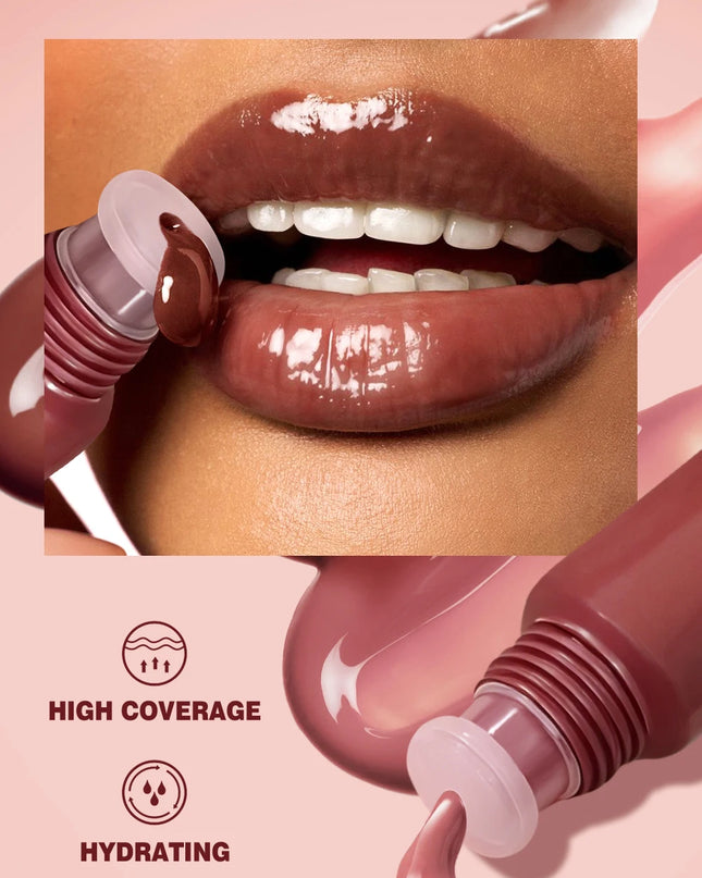 Lip gloss being applied to lips with product features highlighted on a pink background
