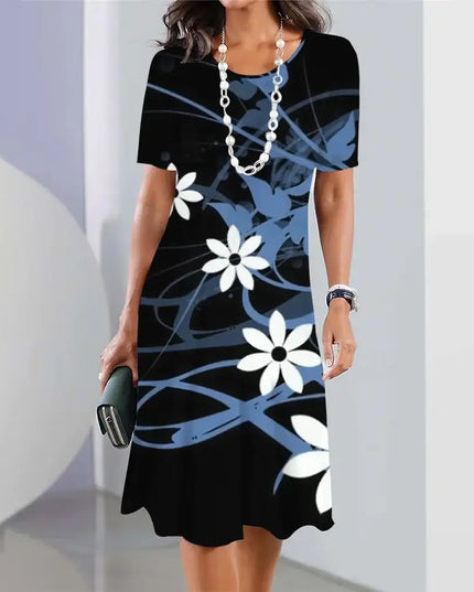 Summer women's dresses 3d floral print short sleeve dress with black and white flower design.