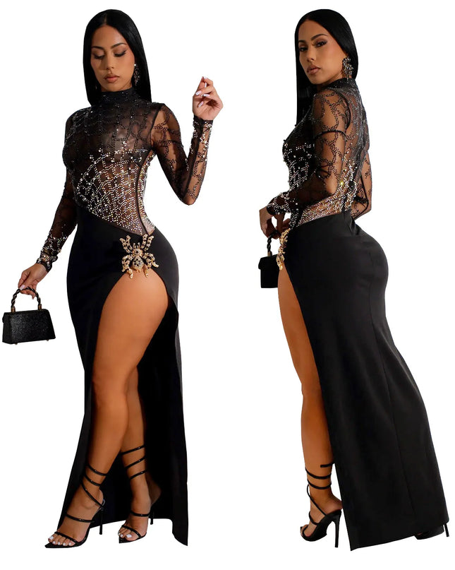 2024 Autumn Women's Hot Diamond Sexy Cutout Long-sleeved Slit Party Dress Birthday Dress for Women Sexy Dress