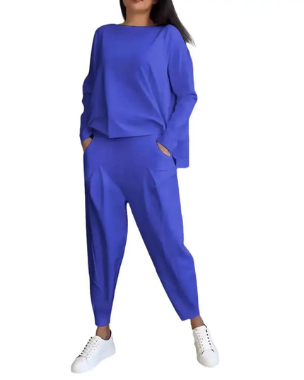 Women's Two-piece Solid Color Round Neck Long Sleeved Top and Casual Pants Set for Autumn 2024