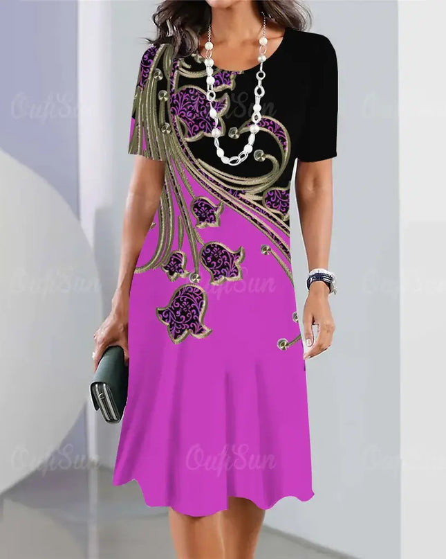 Summer Women's Dresses 3d Floral Print featuring elegant short sleeve and A-line skirt design.