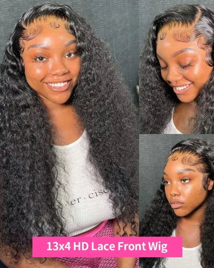 Woman with styled hair, showing a close-up of a lace front wig labeled '13x4 HD Lace Front Wig'.