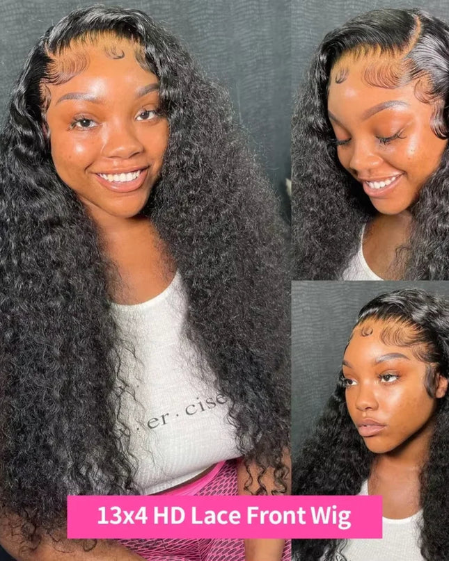 Woman with styled hair, showing a close-up of a lace front wig labeled '13x4 HD Lace Front Wig'.