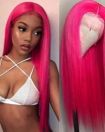 Woman with bright pink wig and wig cap on a plain background