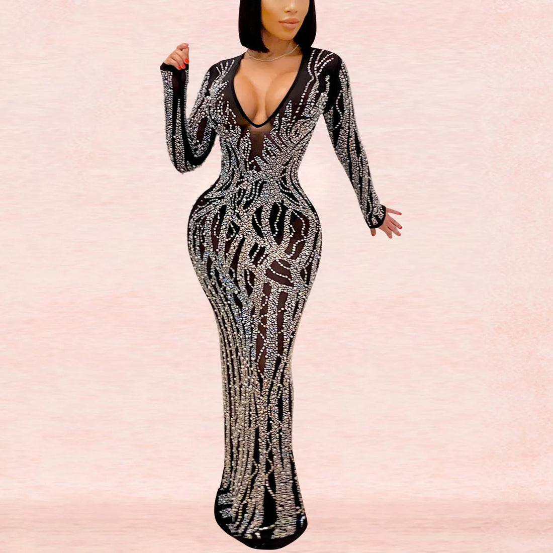 Sheer Rhinestone Mesh Maxi Dress – Sexy V-Neck, Long Sleeve, Slit Gown