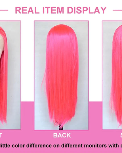 Pink wig displayed from front, back, and side angles on mannequin heads.