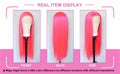 Pink wig displayed from front, back, and side angles on mannequin heads.