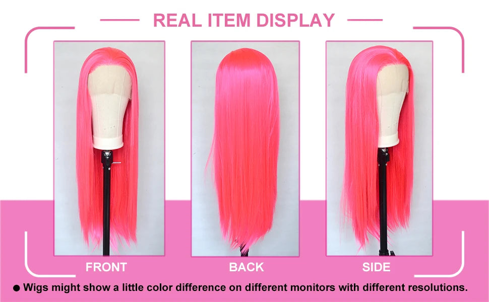 Pink wig displayed from front, back, and side angles on mannequin heads.