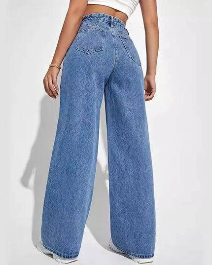 Back view of Women’s Y2K high-waist baggy jeans in retro blue, showcasing the loose straight-leg style.