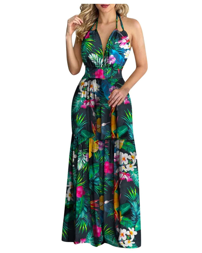 Women Tropical Print Halter Backless Maxi Dress Sexy Sleeveless Deeep V Beach Dress