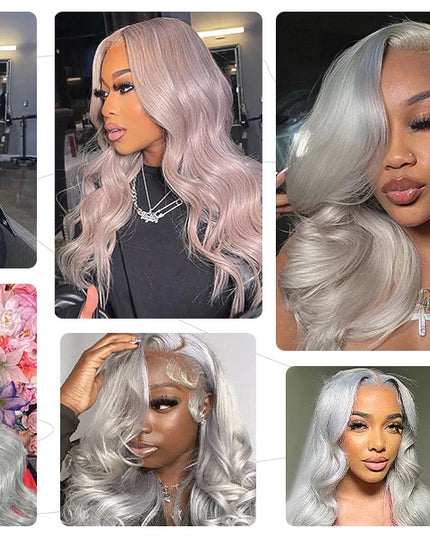 Collage of a woman with gray hair styled in various ways, with 'Buye Show' branding.