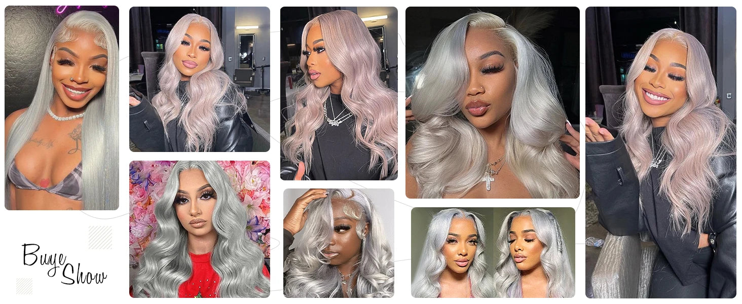 Collage of a woman with gray hair styled in various ways, with 'Buye Show' branding.