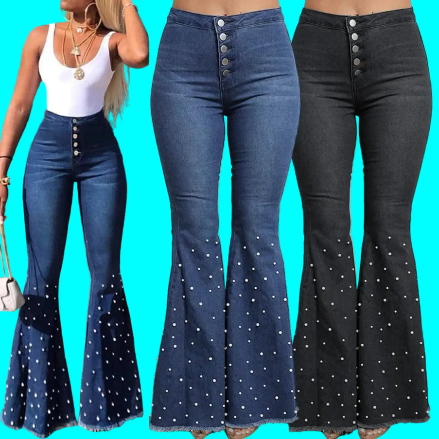 Blue and black bell-bottom jeans with button details on a neutral background