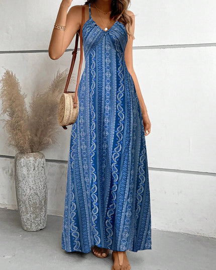 Women's Ethnic Pattern Backless Split Thigh Boho Maxi Dress