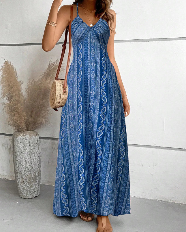 Women's Ethnic Pattern Backless Split Thigh Boho Maxi Dress