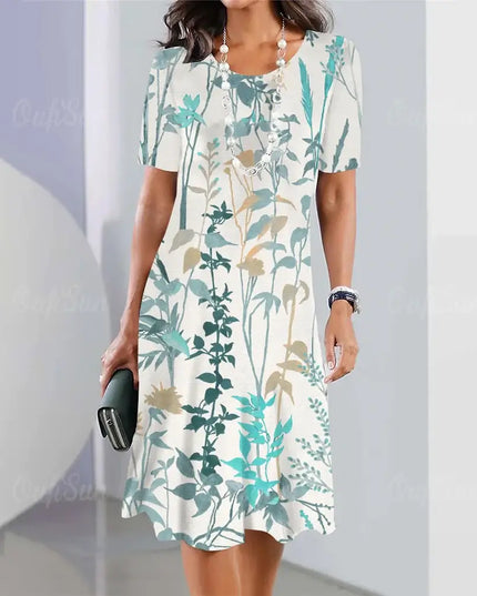 Summer Women's Dresses 3D Floral Print displayed on a model showcasing an elegant loose A-line skirt design.
