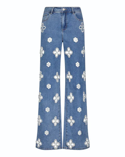 Casual hollow out women’s jeans with unique floral embroidery, featuring a loose straight fit and modern design.