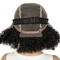 Back view of a wig with a mesh cap and black hair extensions.