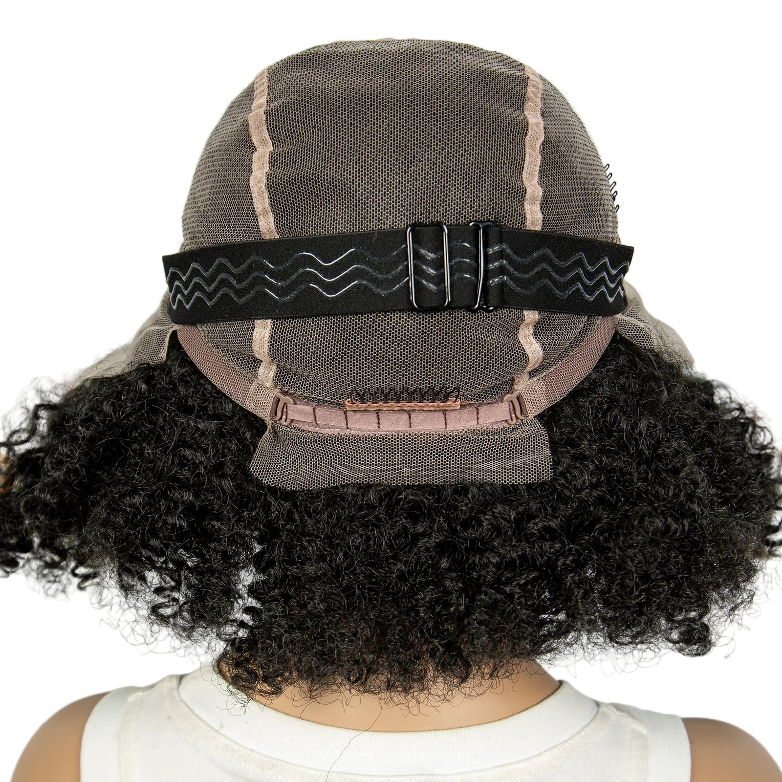 Back view of a wig with a mesh cap and black hair extensions.