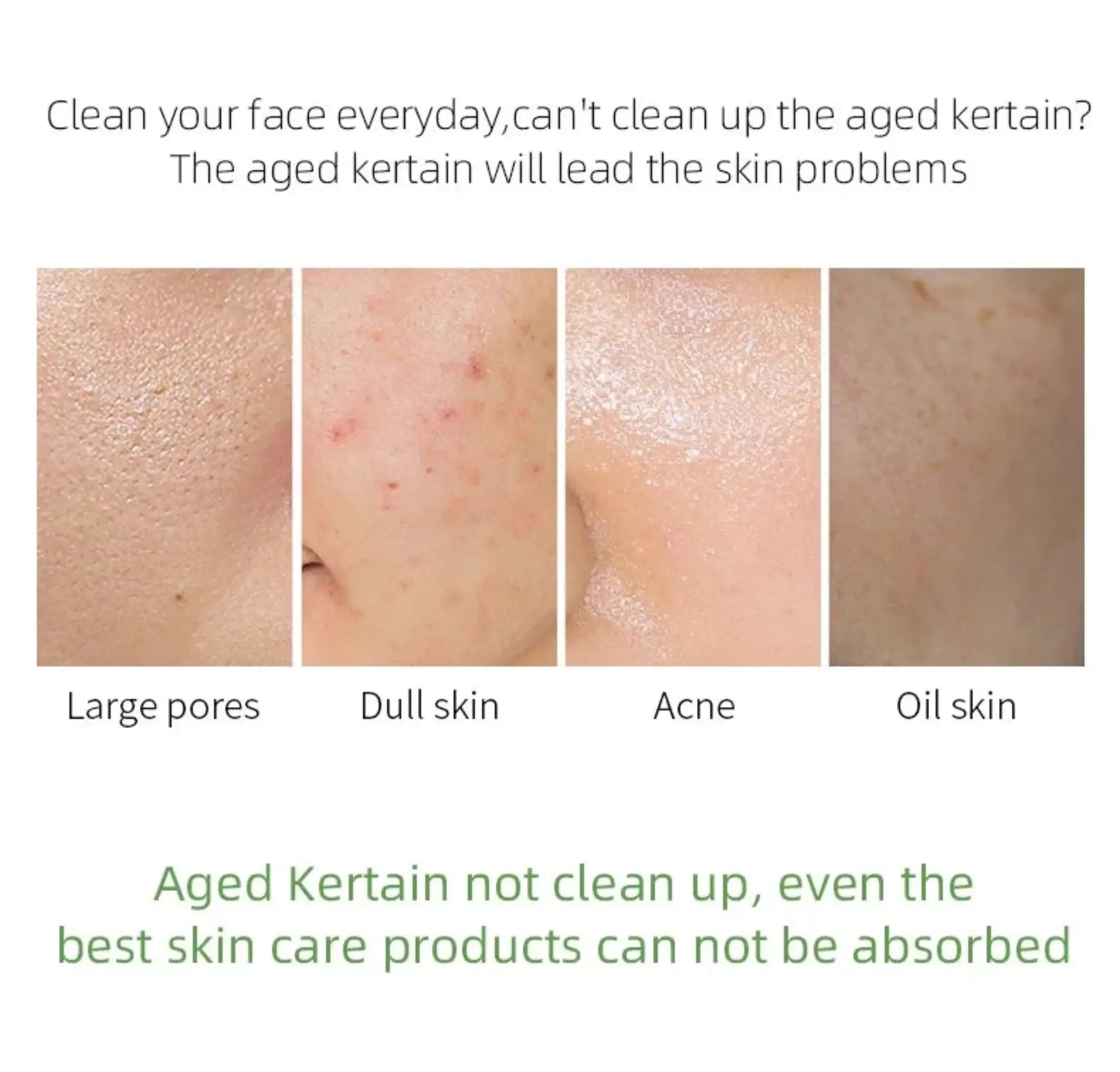 Skincare product advertisement showing different skin conditions and text about cleaning the face.