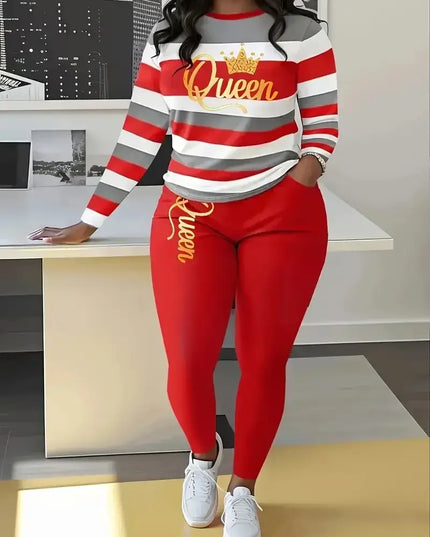 Plus Size Women's Fashion Striped Print Two-Piece Set Women's Casual Suit