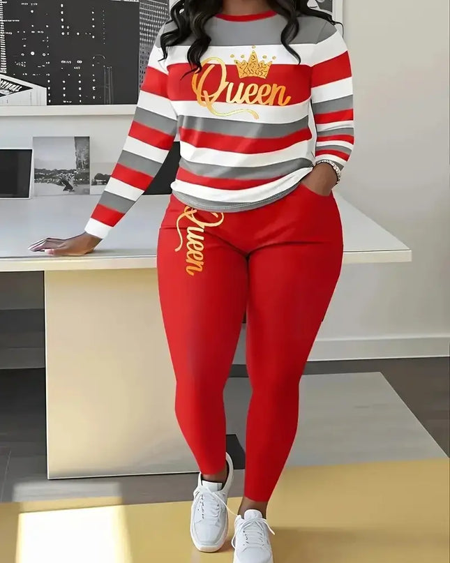 Plus Size Women's Fashion Striped Print Two-Piece Set Women's Casual Suit