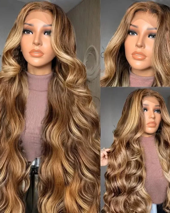 Blonde wavy wig on a mannequin head with close-up views.