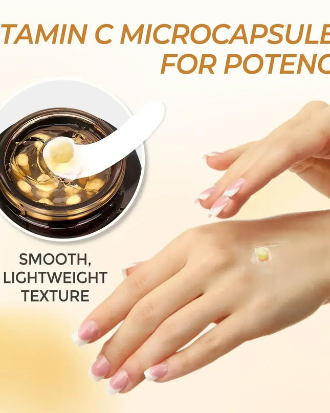 Vitamin C microcapsules shown on a hand, highlighting smooth texture for effective hydration and brightening benefits.