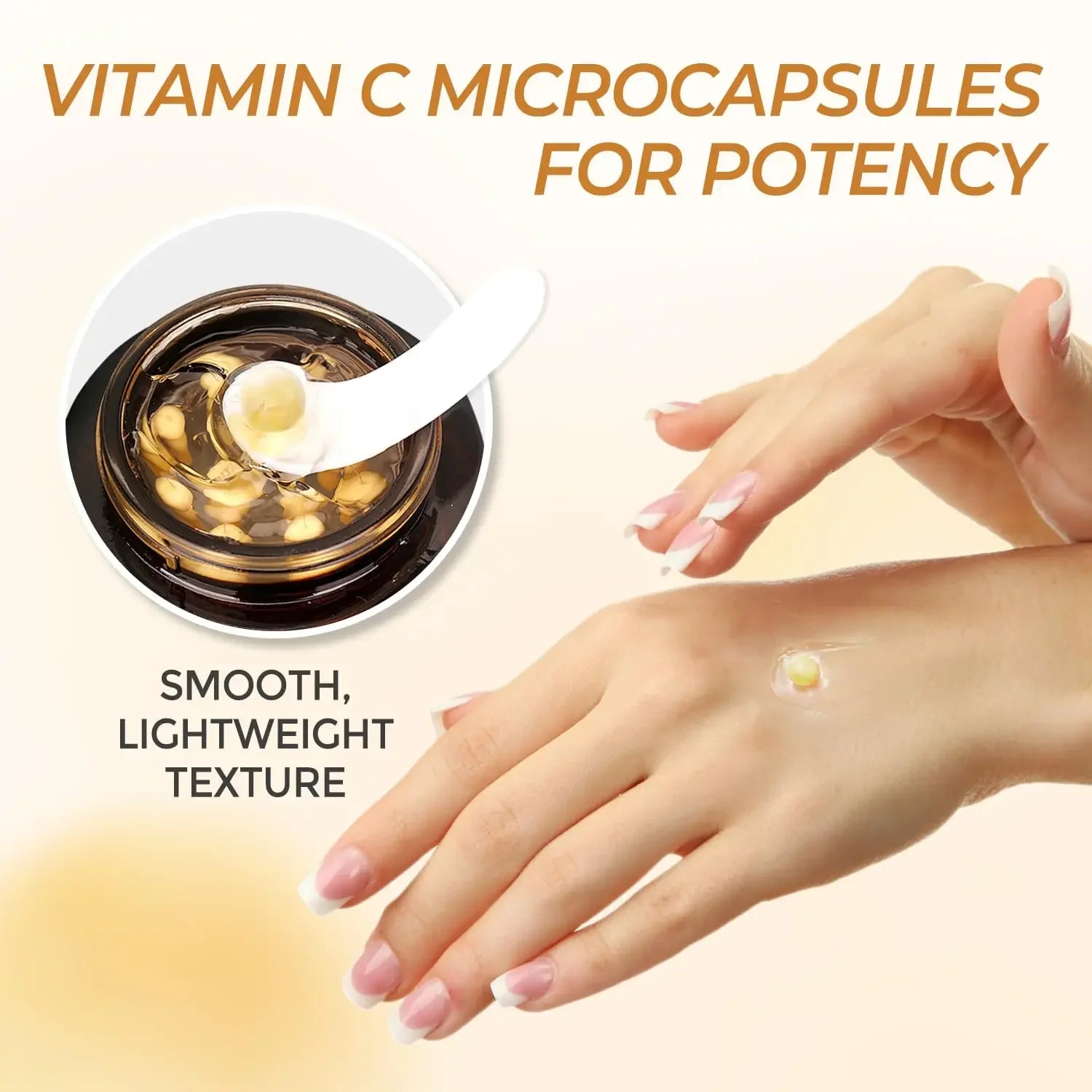 Vitamin C microcapsules shown on a hand, highlighting smooth texture for effective hydration and brightening benefits.