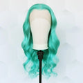 Turquoise wig on a mannequin head against a white background