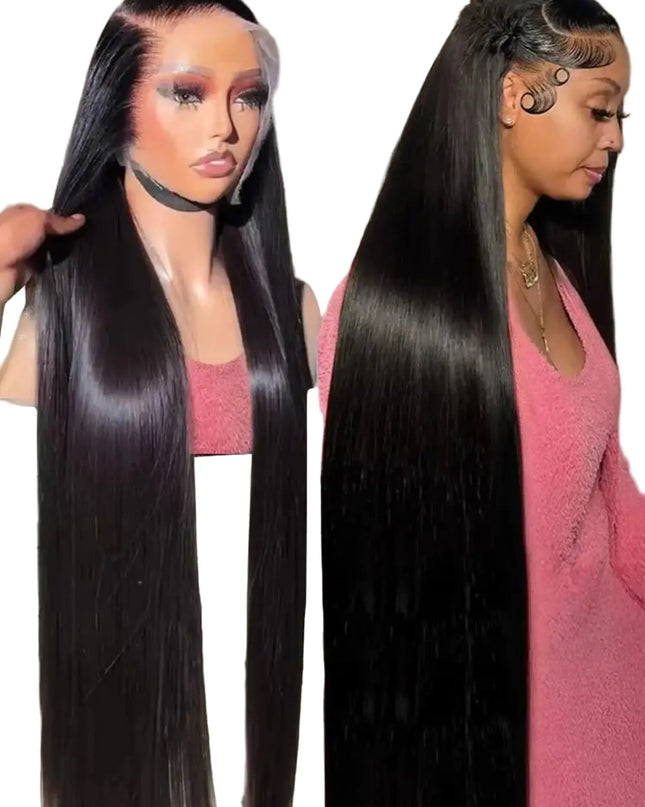 Long black wig on a mannequin and a person wearing it, with a focus on hair texture and color.