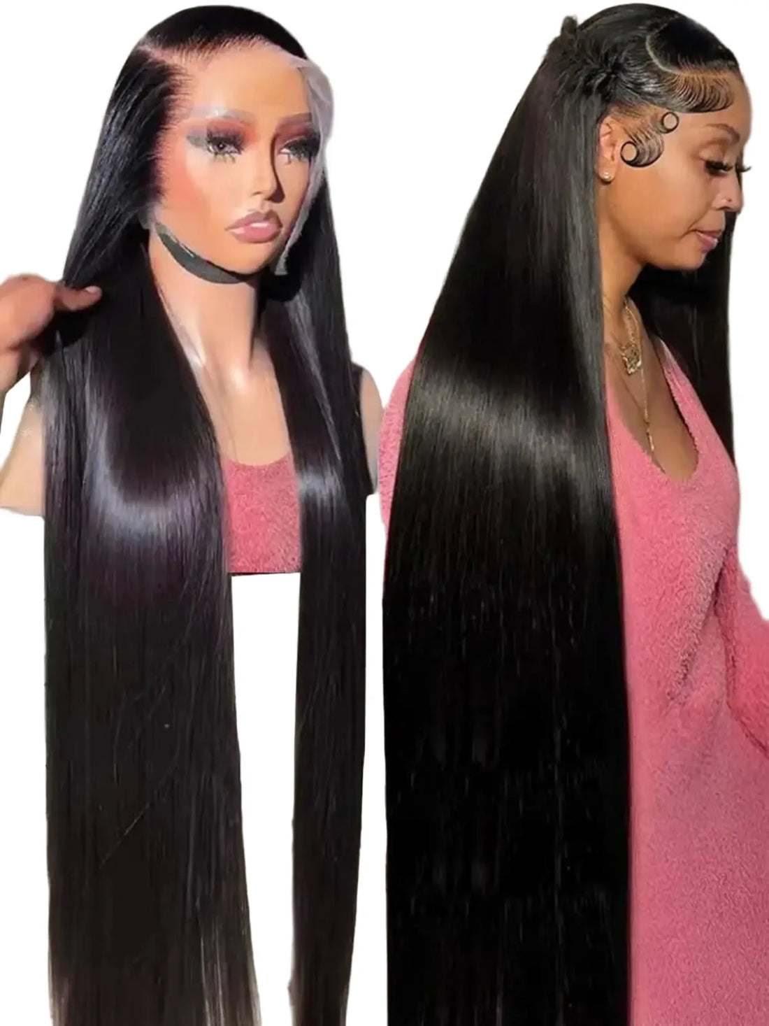 Long black wig on a mannequin and a person wearing it, with a focus on hair texture and color.