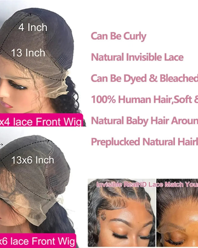 Wig with lace front design and specifications on a white background