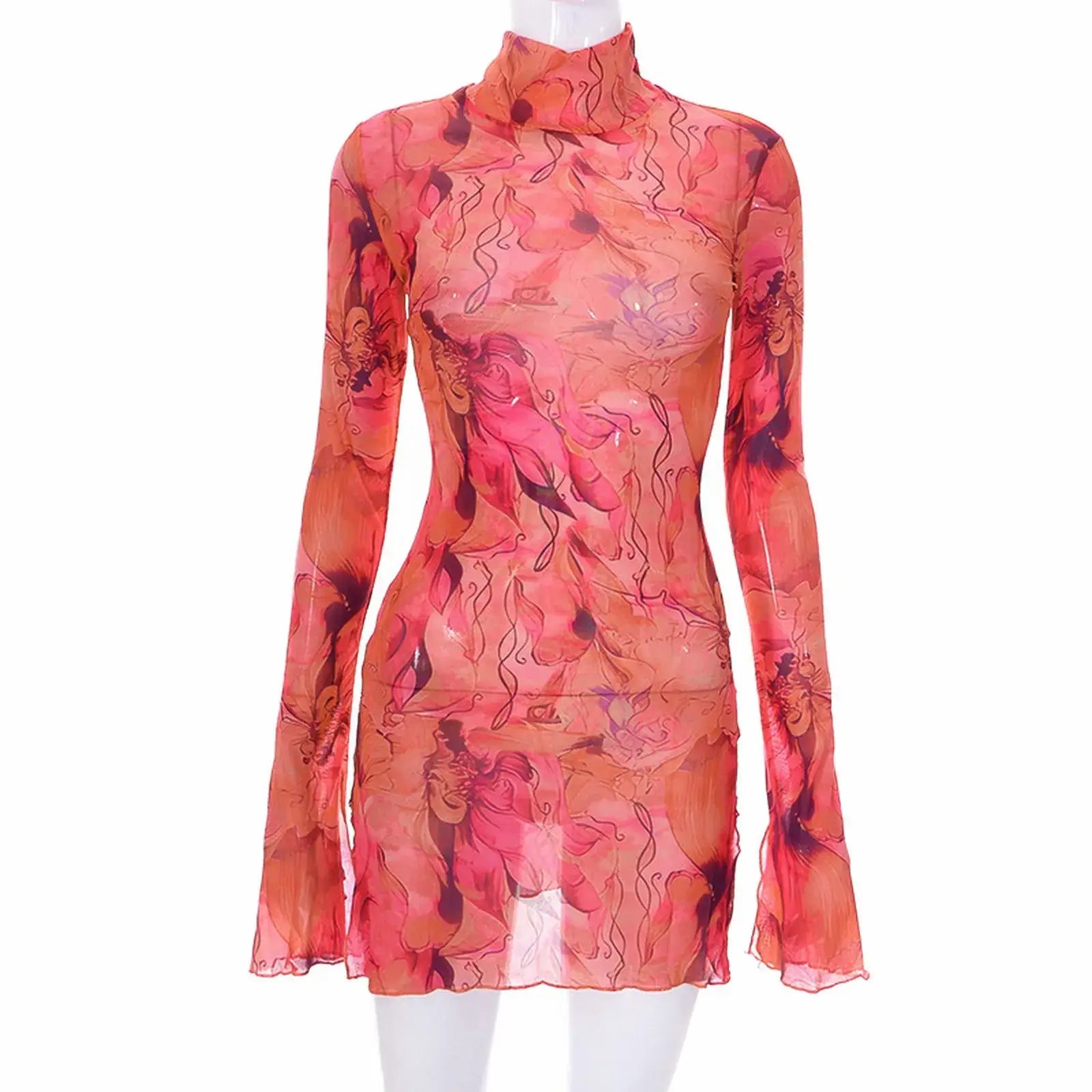 Y2K mesh bodycon dress with bell sleeves and open-hip design in vibrant pink print.
