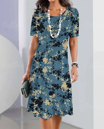 Summer Women's Dresses 3D Floral Print Short Sleeve A-Line Dress with Elegant Design and Loose Fit