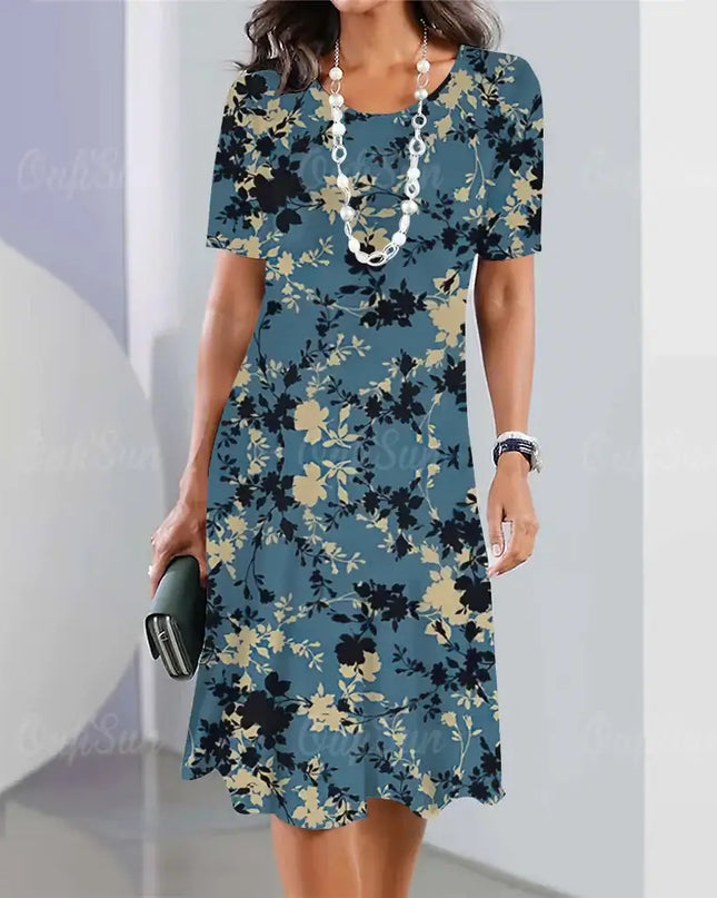 Summer Women's Dresses 3D Floral Print Short Sleeve A-Line Dress with Elegant Design and Loose Fit