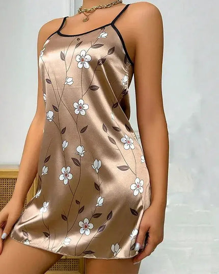 Women's Sleepdress Satin Floral Print Nightdress Comfortable Spaghetti Strap Sleepwear Dress Luxurious Satin Slip Nightdress