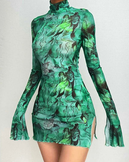 Y2K mesh bodycon dress in green with bell sleeves and open hip detail, perfect for parties and street fashion.